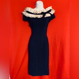 1950s Vintage Wiggle Pencil Dress Navy Blue Look Closely at Ruffle was white Med